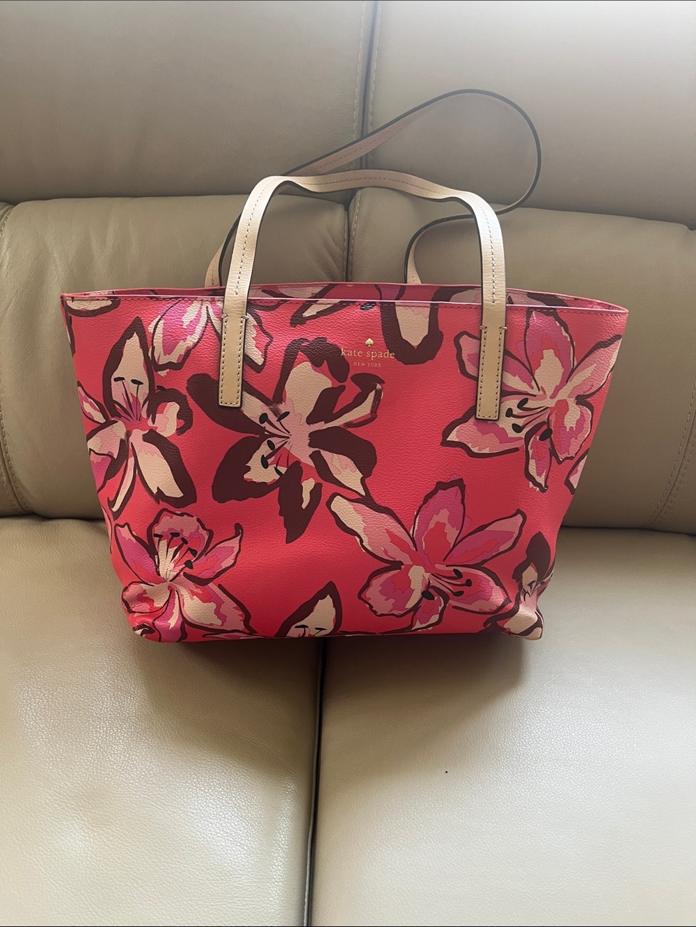 kate spade Pink Floral Printed Leather Tote with Cream Handles